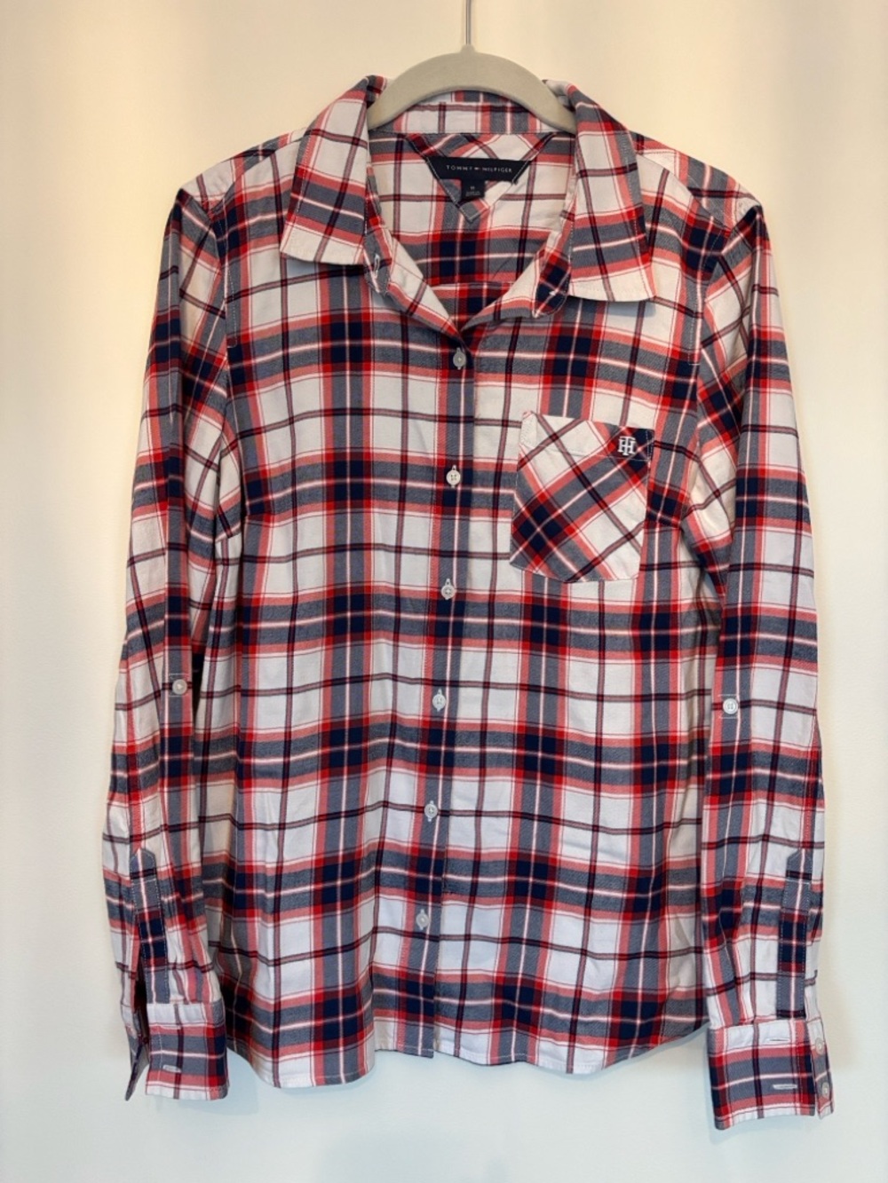 Tommy Hilfiger Ladies Navy, Red & White Plaid Button-Down Shirt